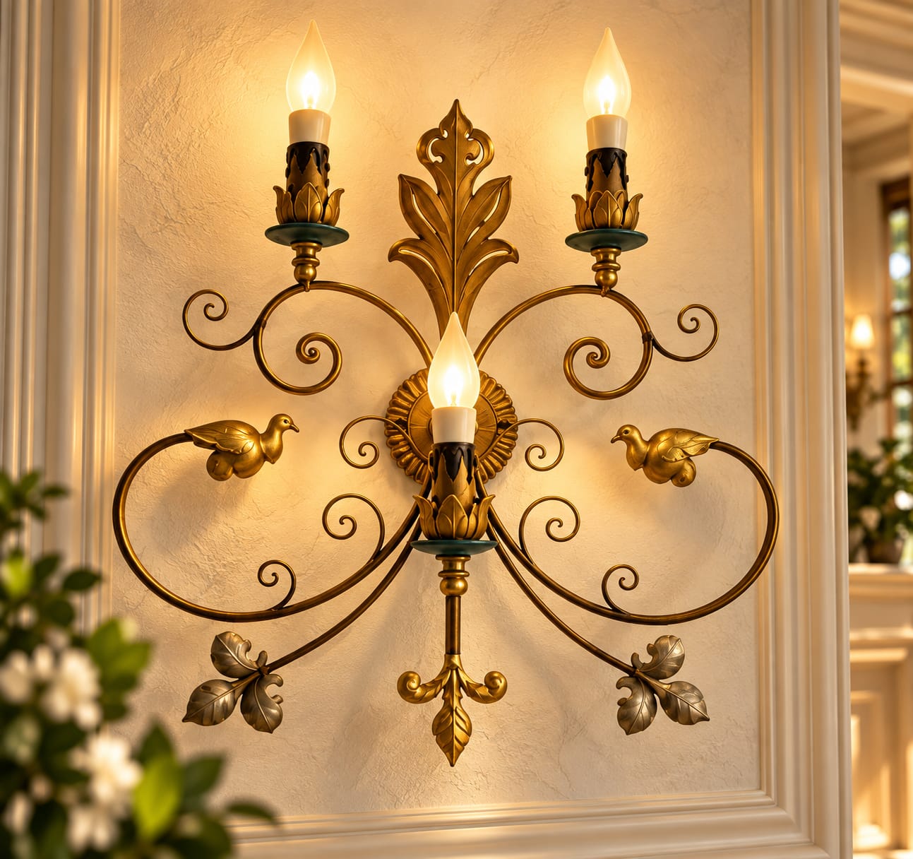 Wandleuchte mit goldfarbenen Ornamenten